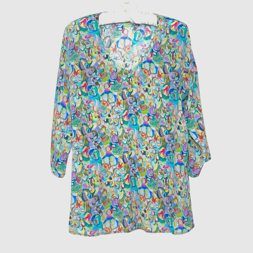 APNY Women's Size L Semi Sheer Abstract Multicolor Print Blouse 3/4 Sleeve Flowy